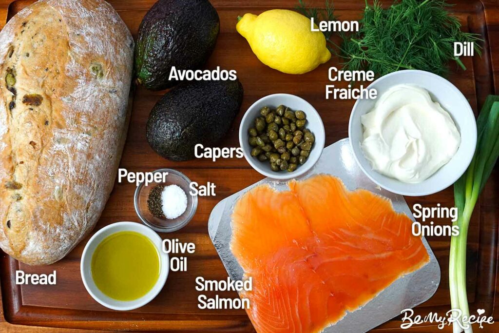 Ingredients for the Avocado Toast with Smoked Salmon and Creme Fraiche, Herbs, and Capers