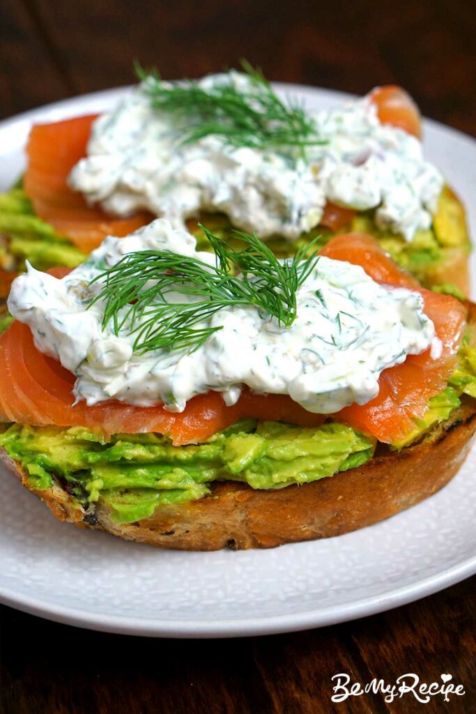 Avocado Toast with Smoked Salmon and Creme Fraiche, Herbs, and Capers