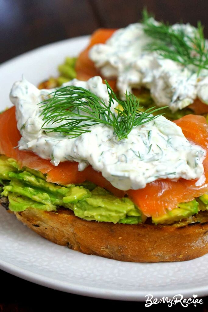 Avocado Toast with Smoked Salmon and Creme Fraiche, Herbs, and Capers
