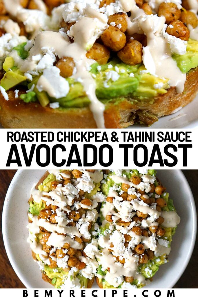 Avocado Toast with warm chickpeas, crumbly feta, and tahini sauce with light notes with lemon and garlic
