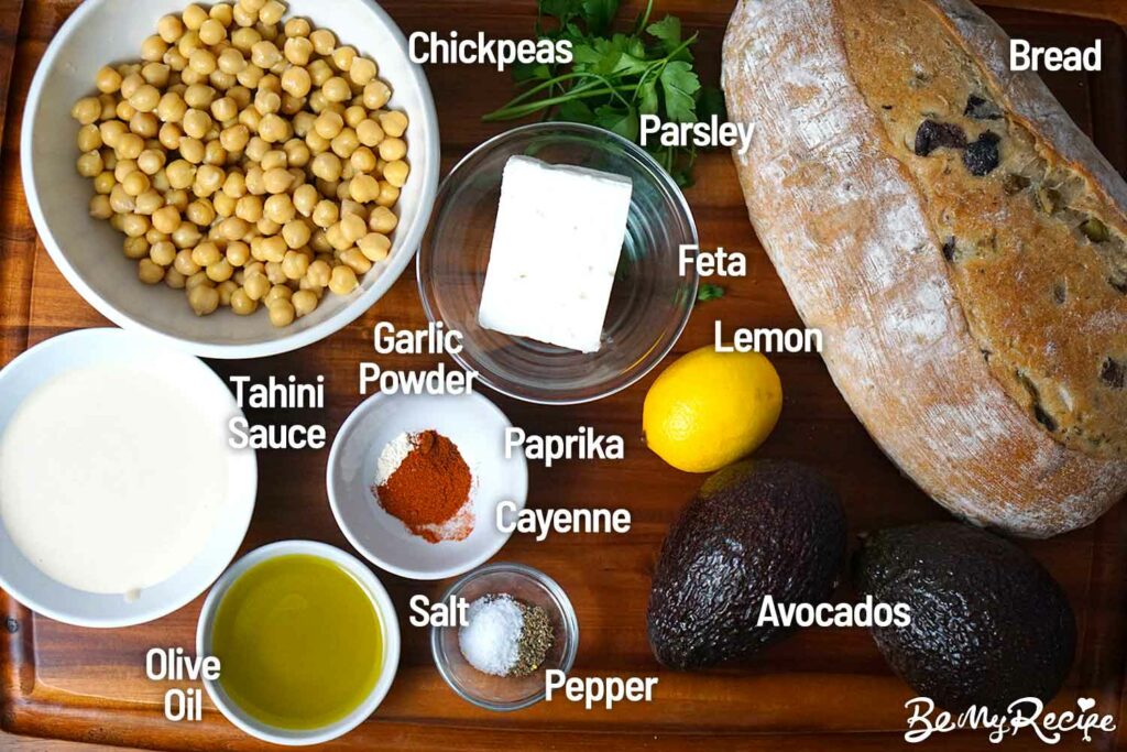Ingredients for the Avocado Toast with Chickpeas, Feta, and Tahini Sauce