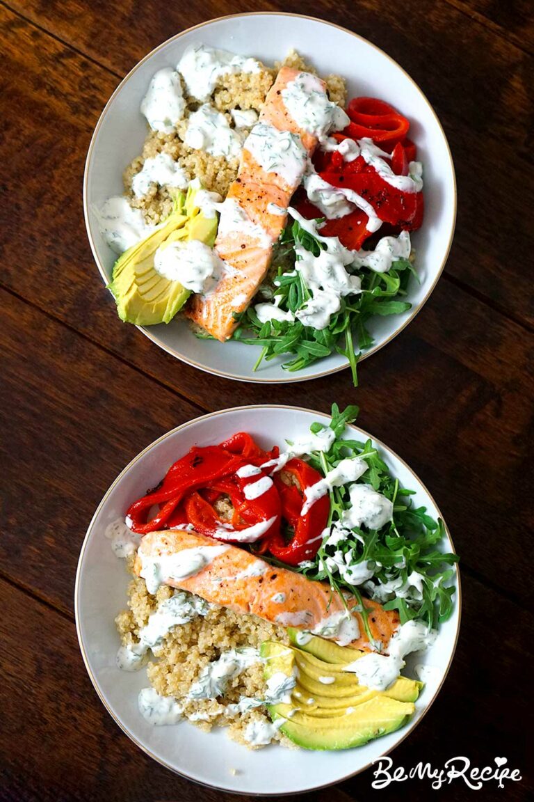 Salmon Quinoa Bowls with Roasted Peppers, Avocado, and Herb Crème Fraîche