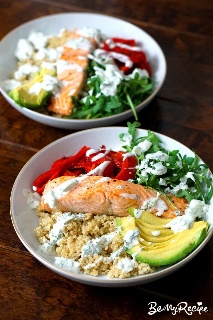 Salmon Quinoa Bowls with Roasted Peppers, Avocado, and Herb Crème Fraîche