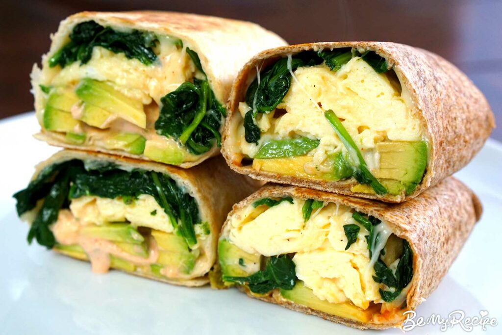 Breakfast Wrap with Avocado, Spinach, and Scrambled Eggs (cross-section)