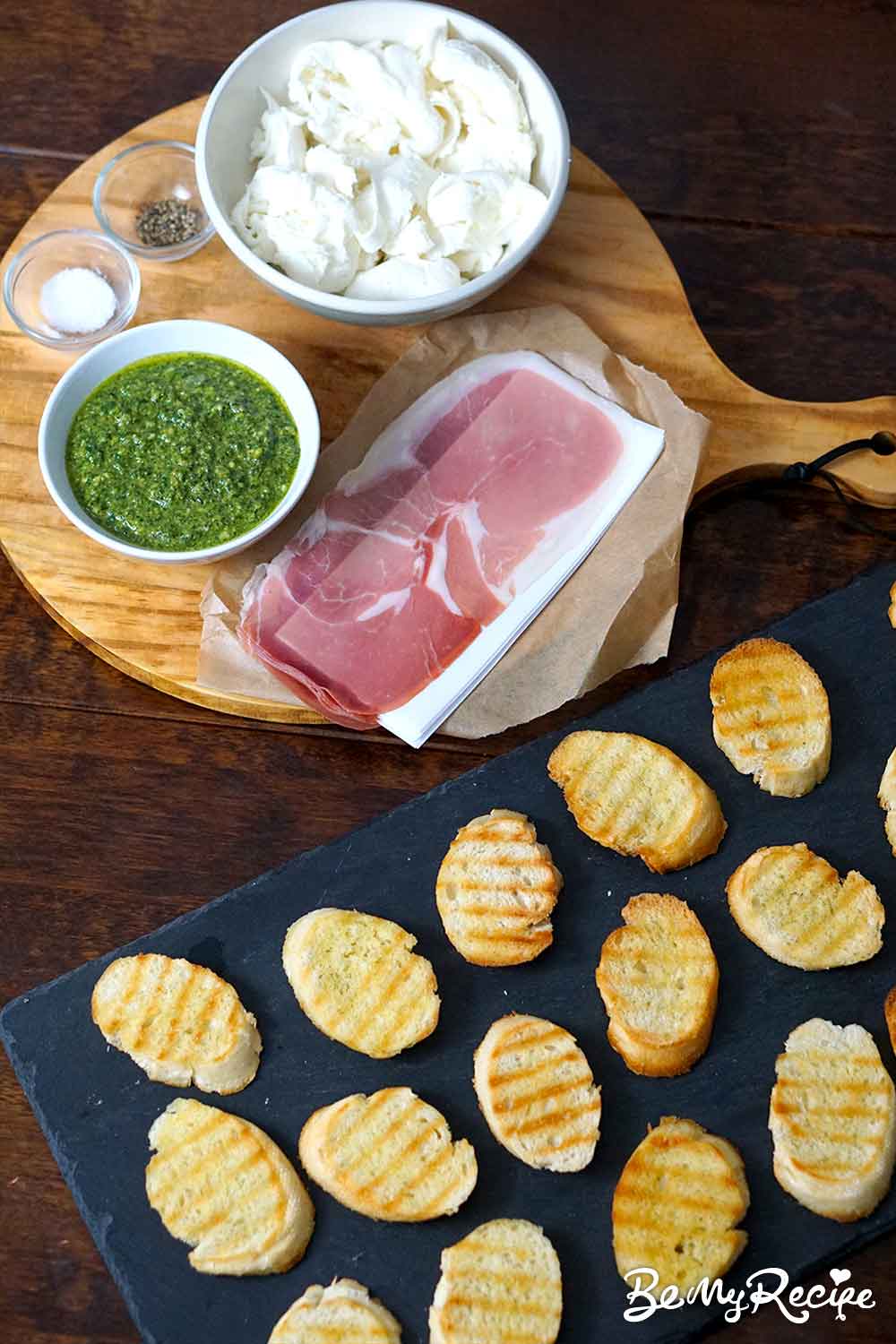 Pesto Prosciutto Mozzarella Crostini