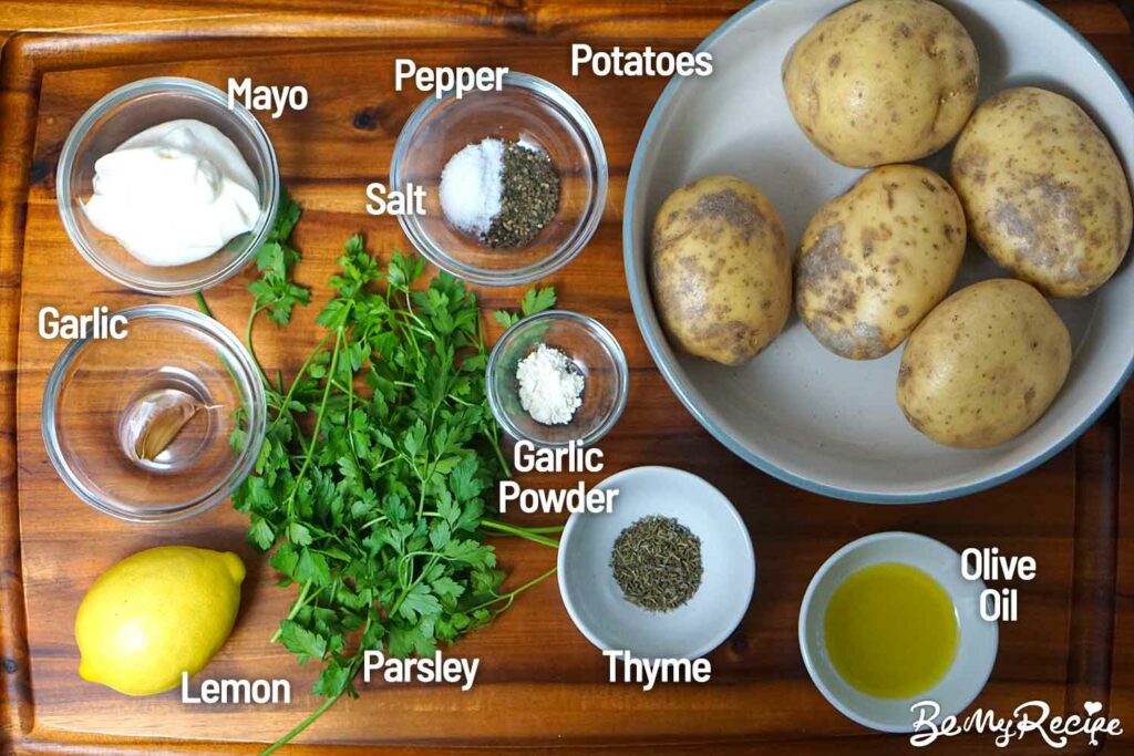 Ingredients for the potato bites and flavored mayo aioli