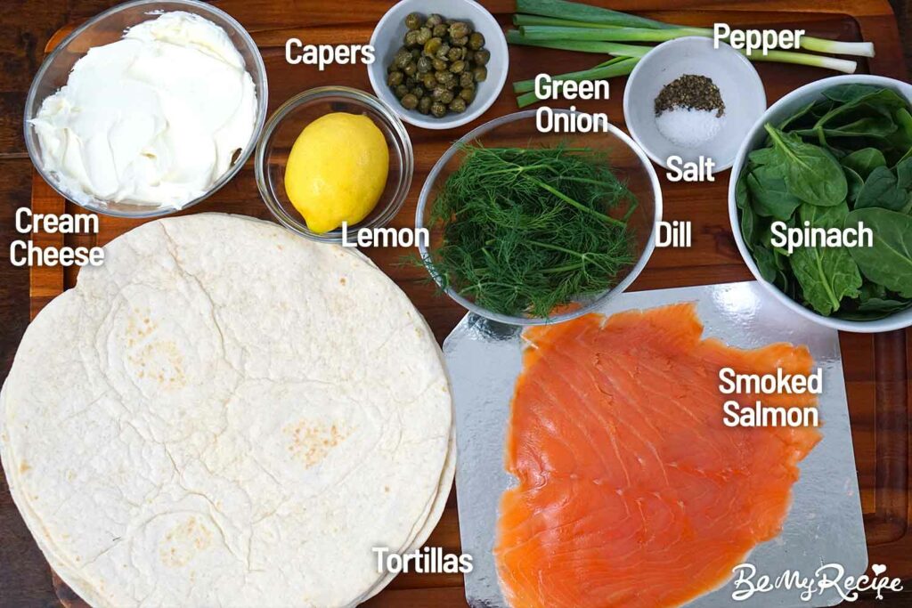 smoked salmon roll-ups ingredients board