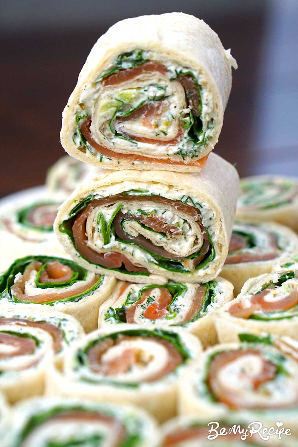 Smoked Salmon Tortilla Roll-Ups (with Herb Cream Cheese, Lemon, Capers, and Spinach)