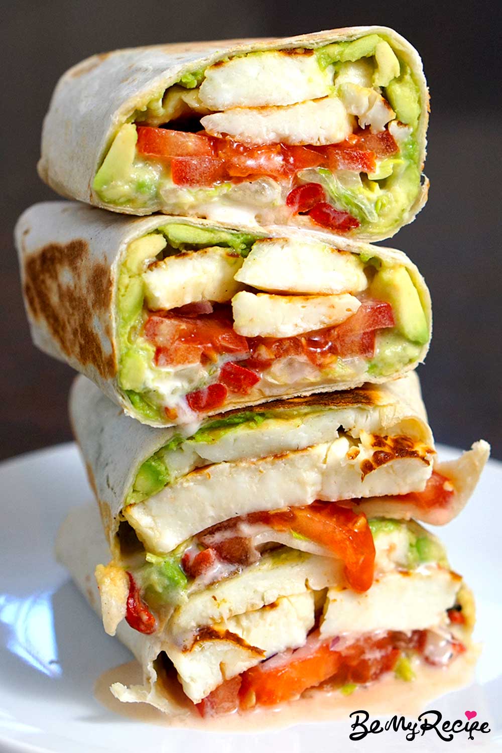 Halloumi Wraps with Avocado, Roasted Peppers, Tomatoes, and More