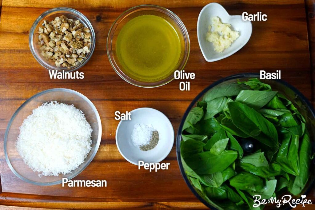 Ingredients board for the walnut basil pesto