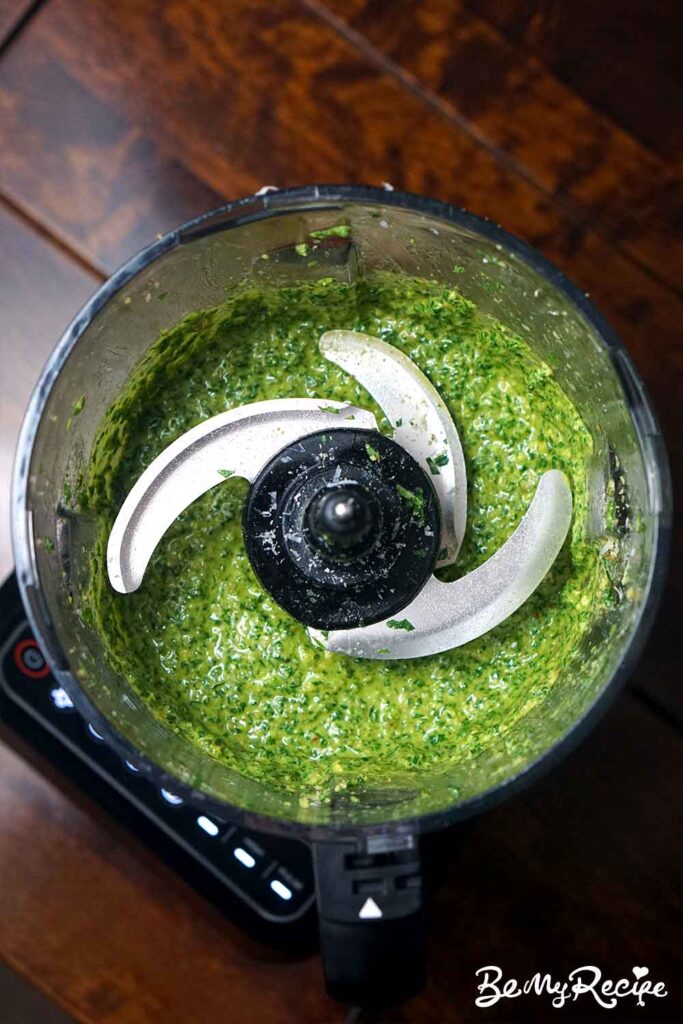 Finished pesto in the food processor.