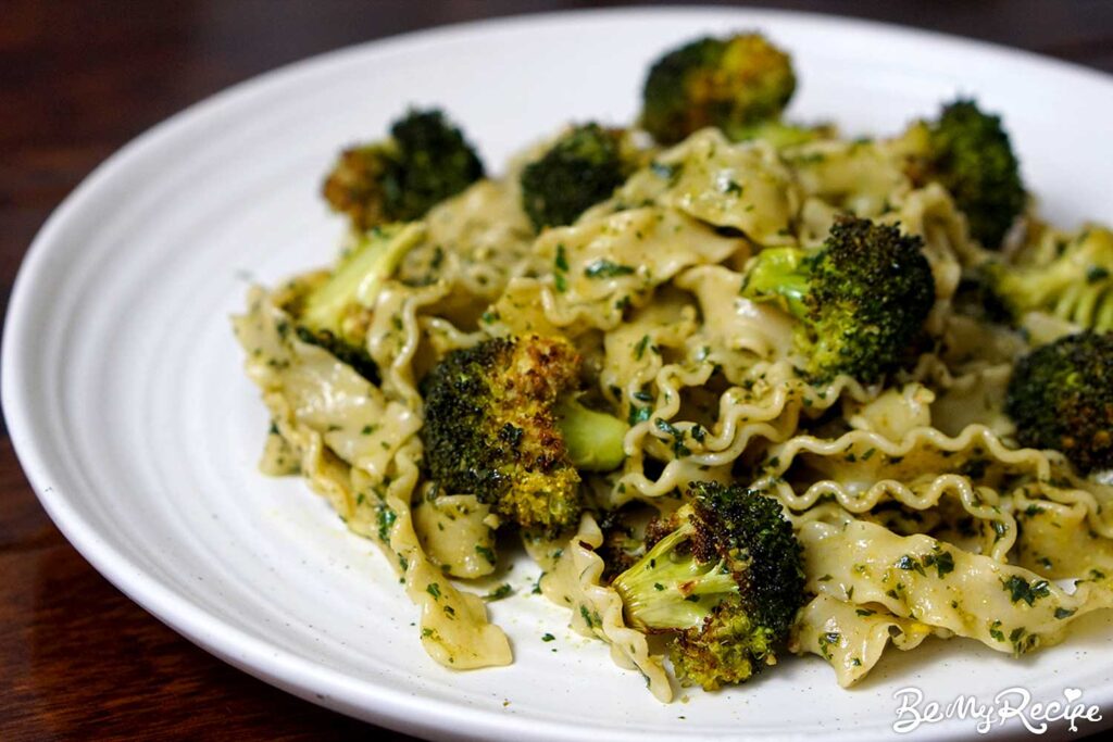 Roasted Broccoli Mafaldine Pasta with Walnut Pesto