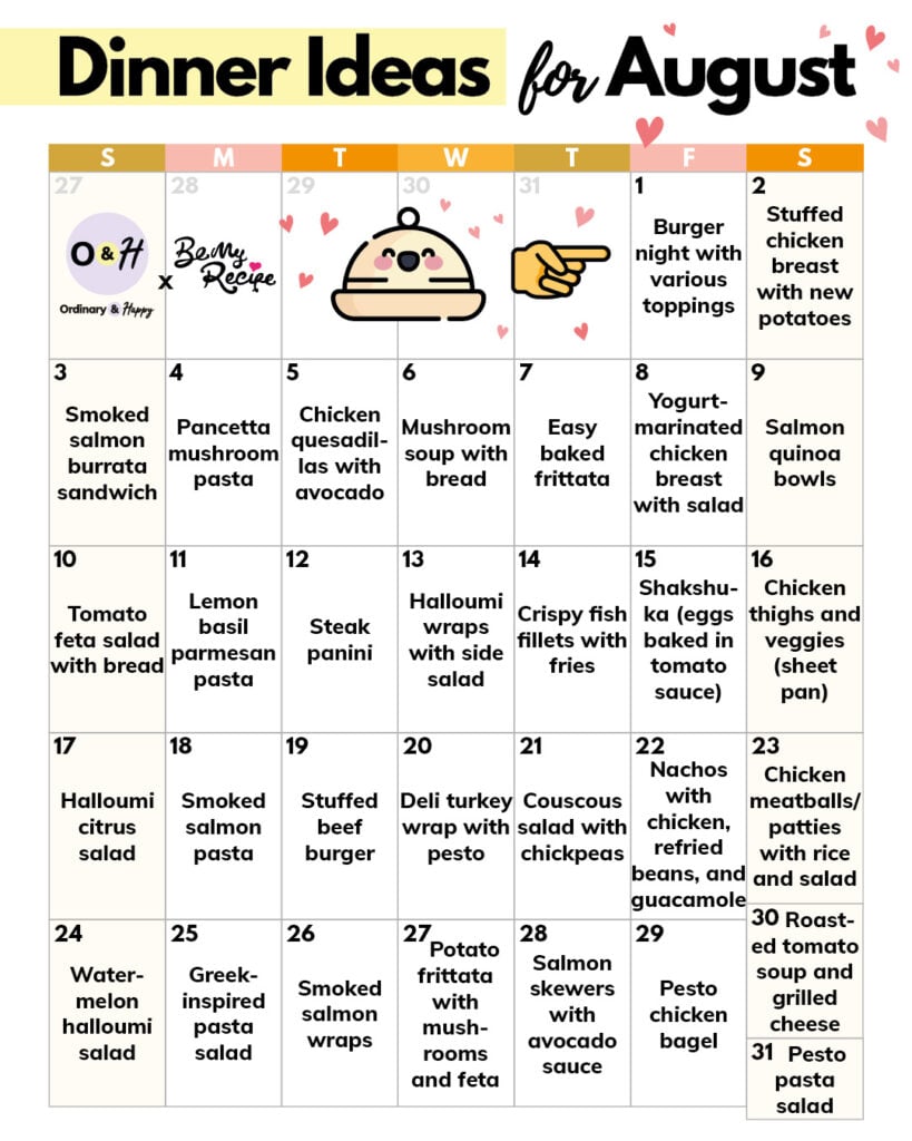 calendar of dinner idea suggestions for the month of august