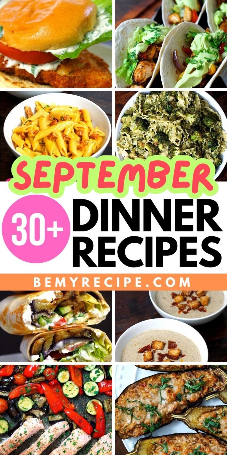 graphic of selection of dinner ideas in a 2x4 grid format separated by the text '30+ september dinner ideas'